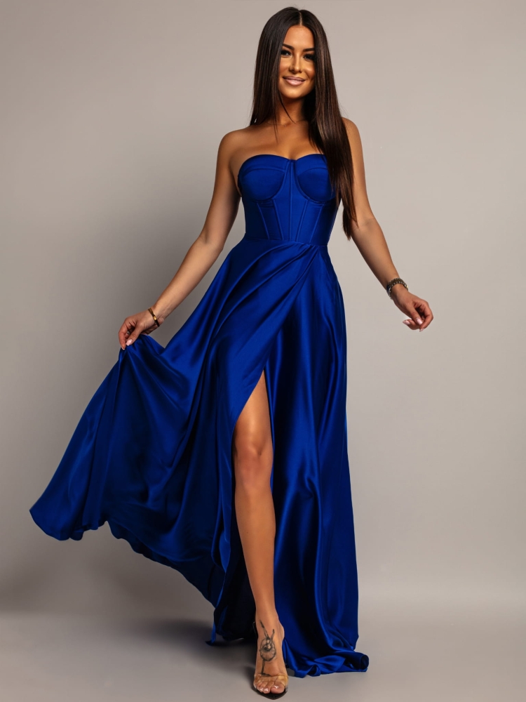 Elegancka sukienka maxi wiązana na plecach satynowa chabrowa PREMIUM