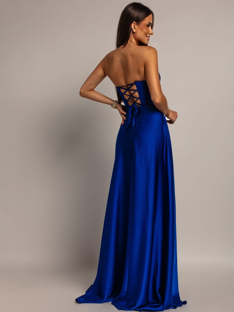 Elegancka sukienka maxi wiązana na plecach satynowa chabrowa PREMIUM