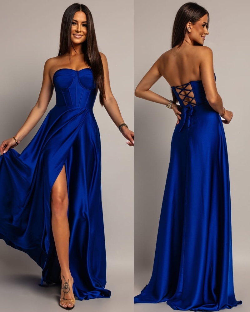 Elegancka sukienka maxi wiązana na plecach satynowa chabrowa PREMIUM