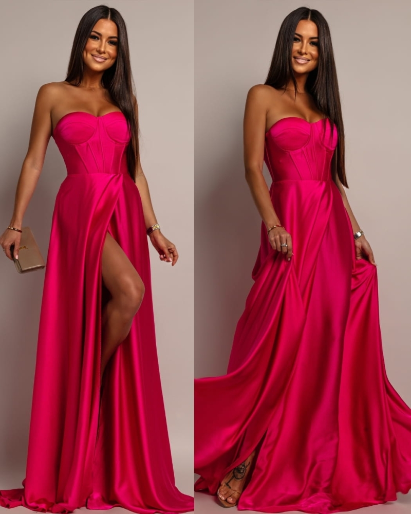 Elegancka sukienka maxi wiązana na plecach satynowa fuksja PREMIUM
