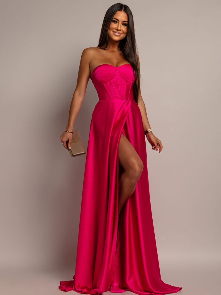 Elegancka sukienka maxi wiązana na plecach satynowa fuksja PREMIUM