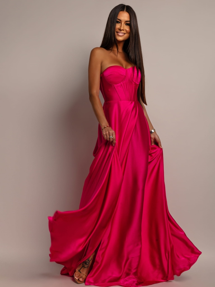 Elegancka sukienka maxi wiązana na plecach satynowa fuksja PREMIUM