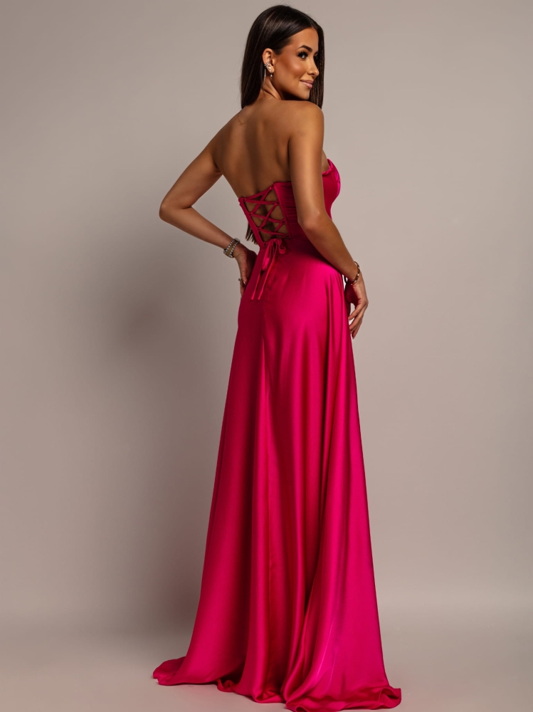 Elegancka sukienka maxi wiązana na plecach satynowa fuksja PREMIUM