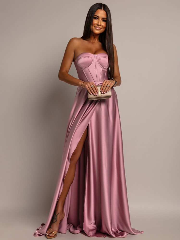 Elegancka sukienka maxi wiązana na plecach satynowa pudrowy róż PREMIUM