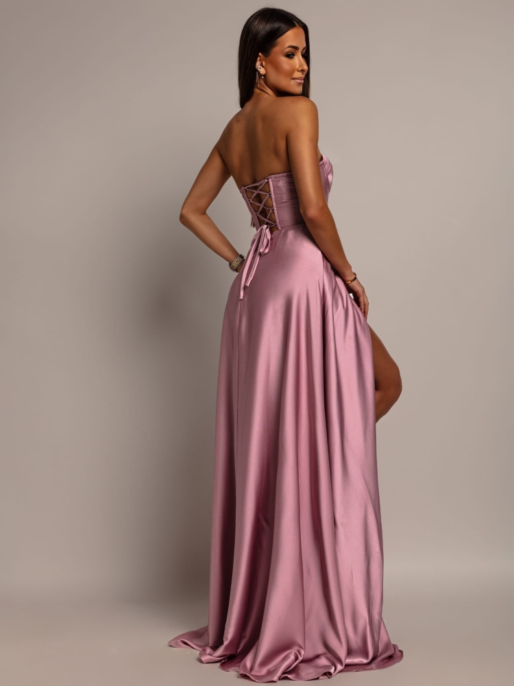 Elegancka sukienka maxi wiązana na plecach satynowa pudrowy róż PREMIUM