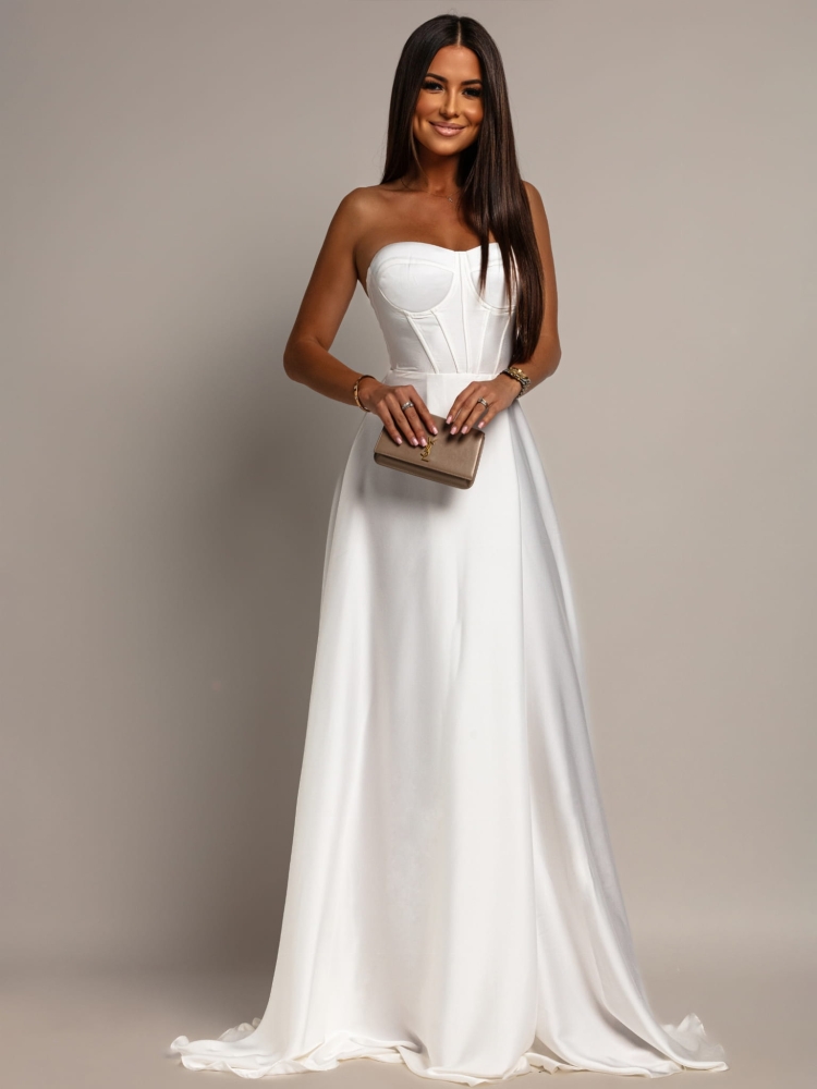 Elegancka sukienka maxi wiązana na plecach satynowa biała PREMIUM