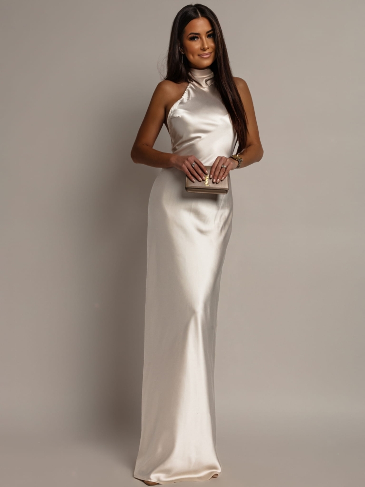 Elegancka klasyczna wiązana na szyji suknia maxi satynowa ecru PREMIUM