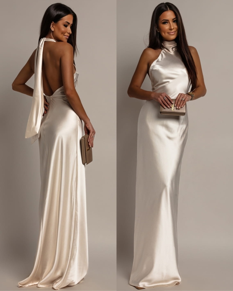 Elegancka klasyczna wiązana na szyji suknia maxi satynowa ecru PREMIUM