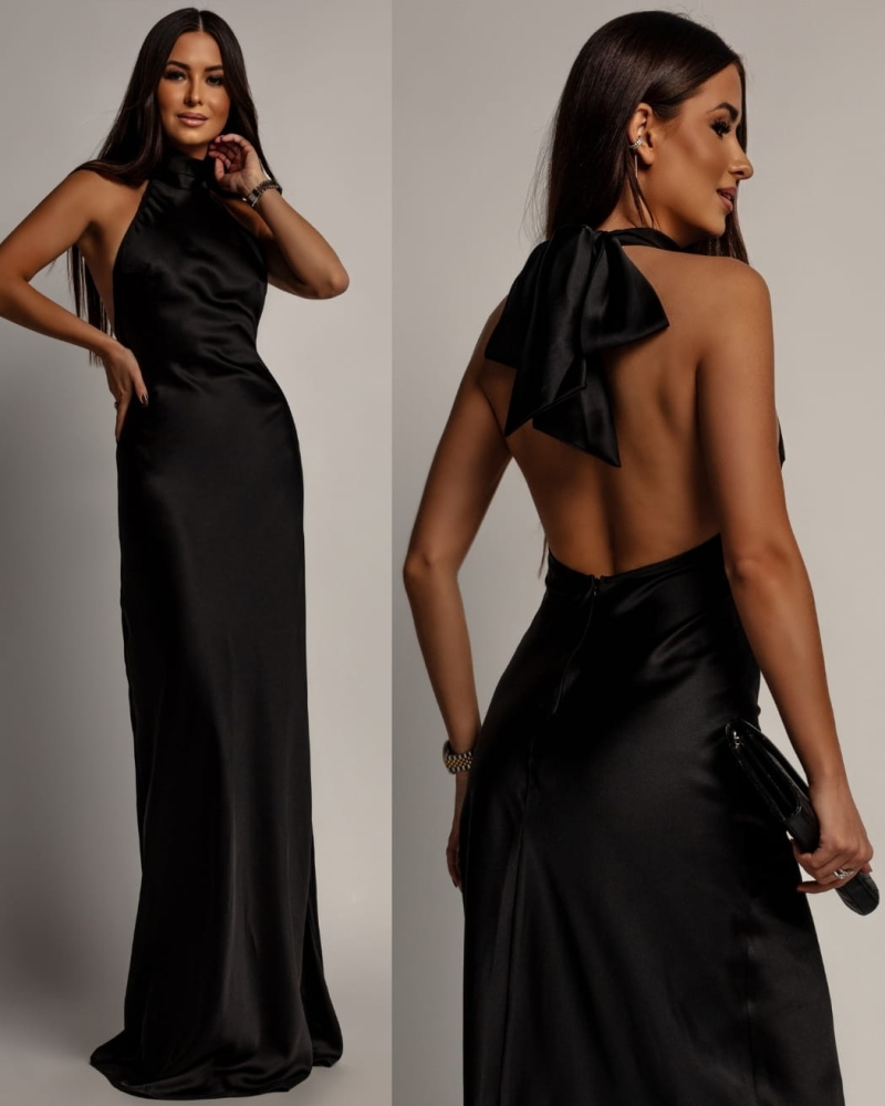 Elegancka klasyczna wiązana na szyji suknia maxi satynowa czarna PREMIUM