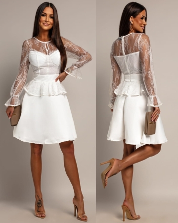 Sukienka rozkloszowana z koronkową górą na długi rękaw biała PREMIUM