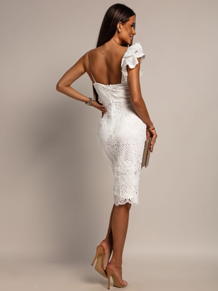 Sukienka w koronkę z ozdobnym ramiączkiem klasyczna biała PREMIUM