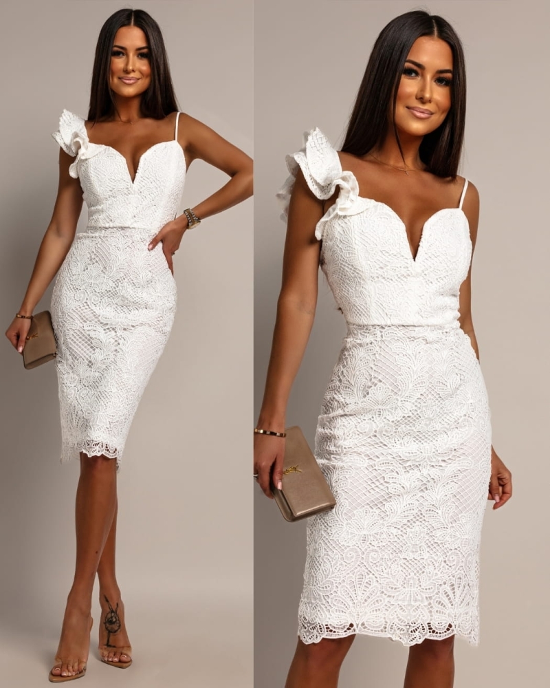 Sukienka w koronkę z ozdobnym ramiączkiem klasyczna biała PREMIUM