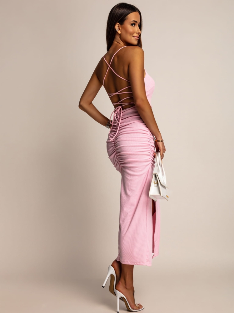 Sukienka marszczona prążkowana midi z ozdobnym wiązaniem na plecach różowa