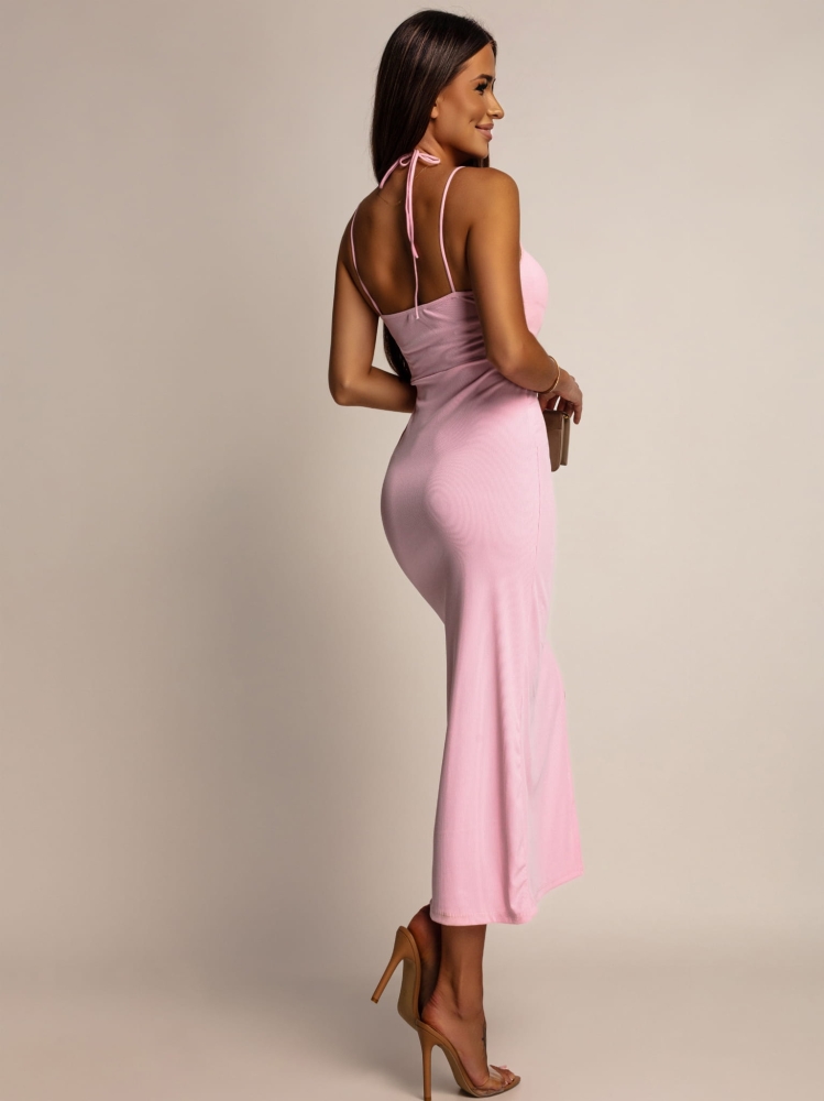 Sukienka prążkowana z koralikami i rozcięciem różowa