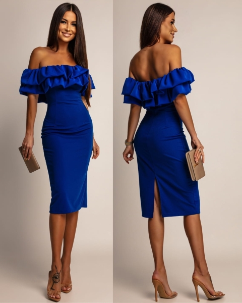 Hiszpanka z ozdobną falbanką midi chabrowa