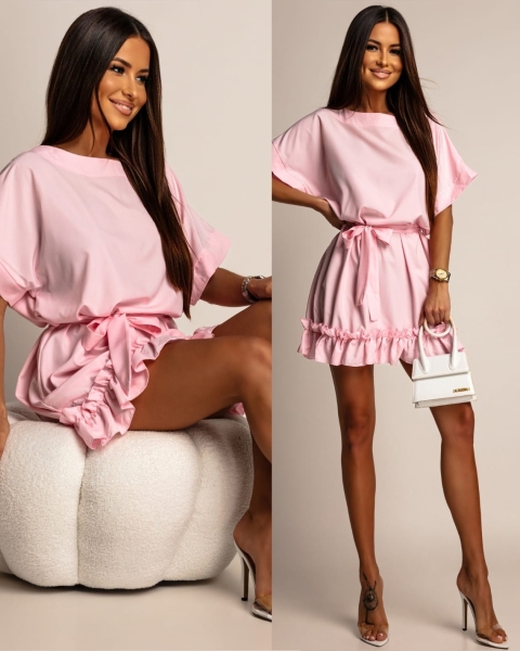 Sukienka mini letnia wiązana na krótki rękaw  różowa