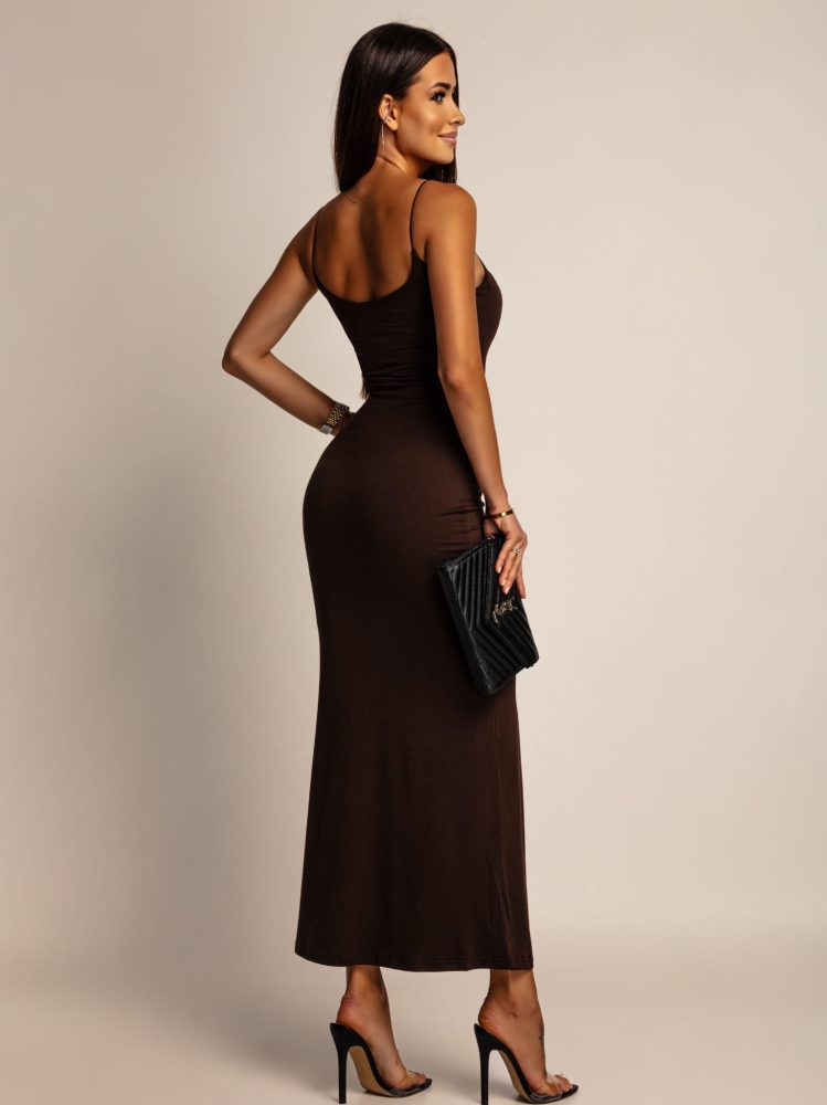 Sukienka klasyczna midi na ramiączkach czekolada PREMIUM Polska produkcja
