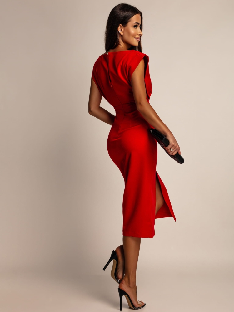 Sukienka klasyczna z doczepianą broszką różą czerwona PREMIUM Polska produkcja