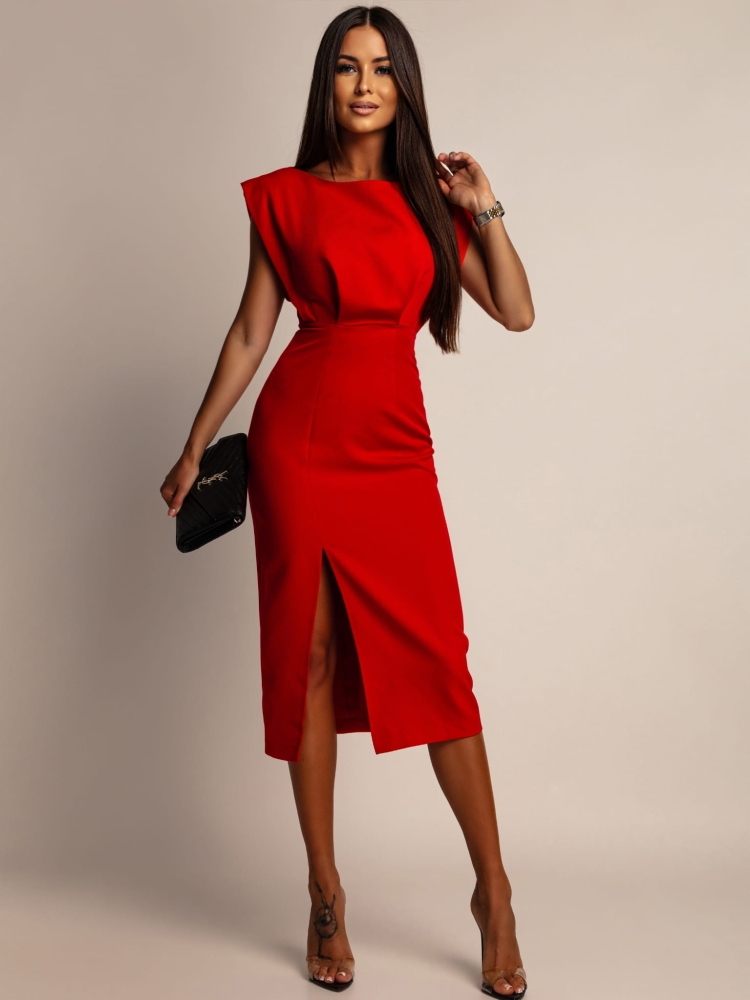 Sukienka klasyczna z doczepianą broszką różą czerwona PREMIUM Polska produkcja