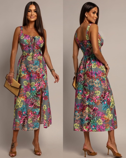 Sukienka midi z rozcięciem na ramiączkach kwiaty