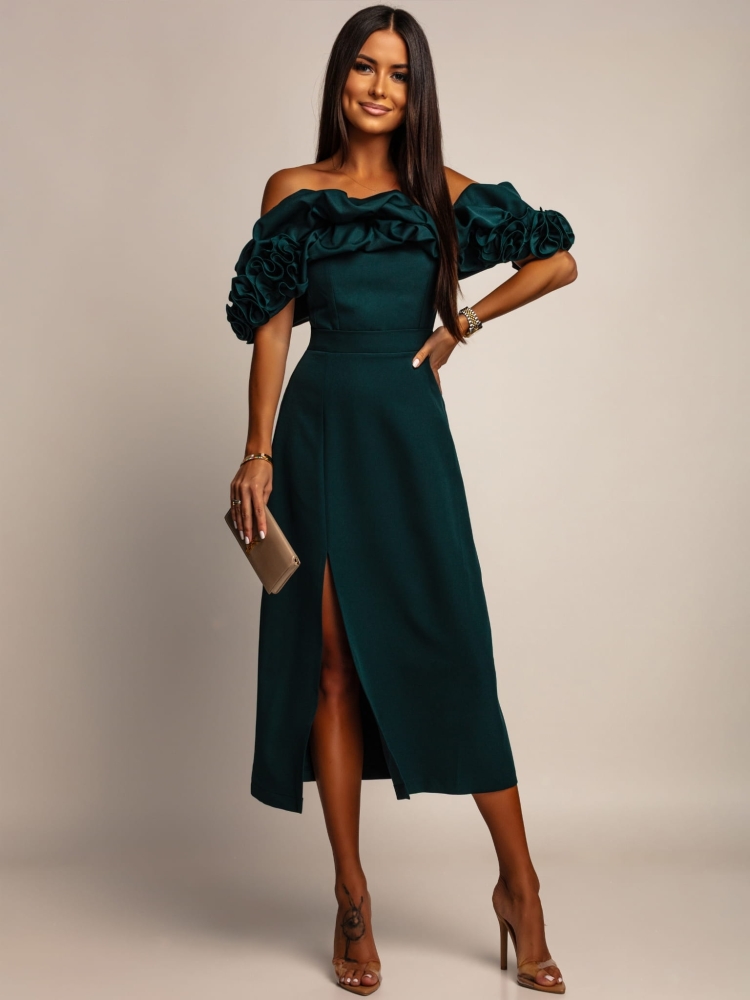 Sukienka hiszpanka midi z doczepianmi ramiączkami butelkowa zieleń PREMIUM Polska produkcja