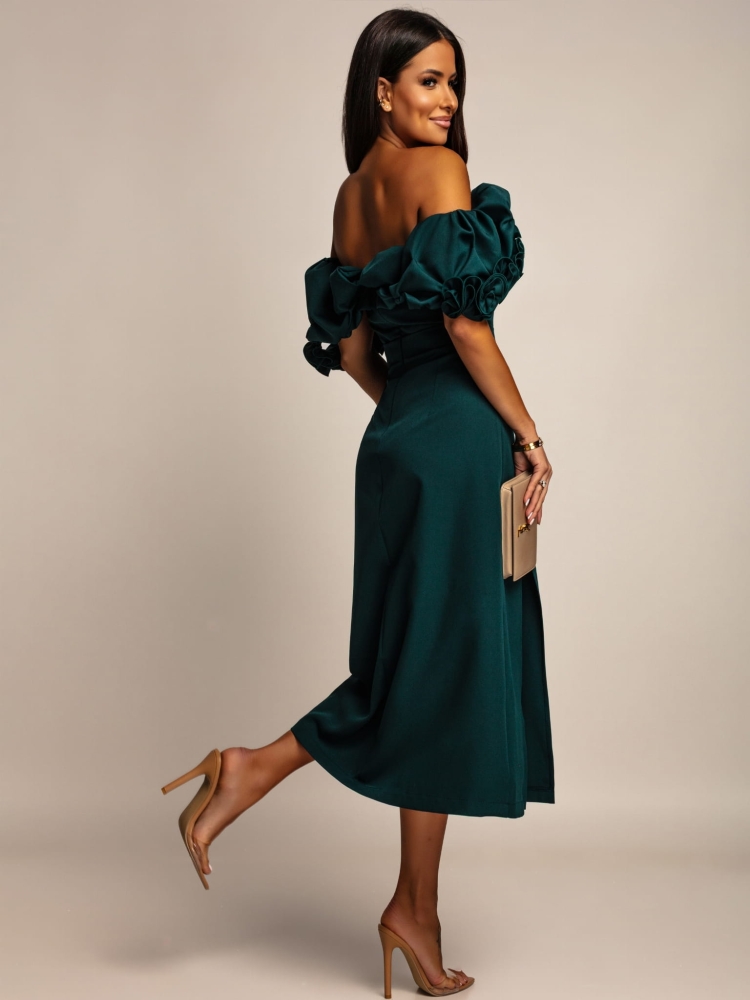 Sukienka hiszpanka midi z doczepianmi ramiączkami butelkowa zieleń PREMIUM Polska produkcja