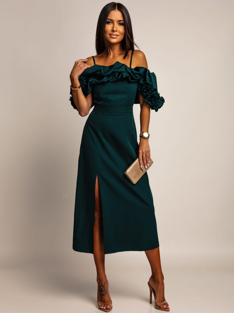 Sukienka hiszpanka midi z doczepianmi ramiączkami butelkowa zieleń PREMIUM Polska produkcja