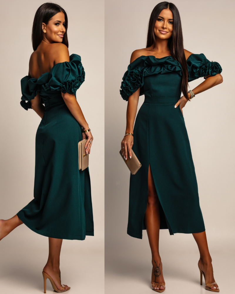 Sukienka hiszpanka midi z doczepianmi ramiączkami butelkowa zieleń PREMIUM Polska produkcja