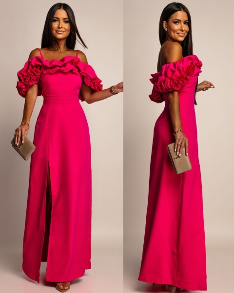 Sukienka hiszpanka MAXI z doczepianmi ramiączkami fuksja PREMIUM Polska produkcja