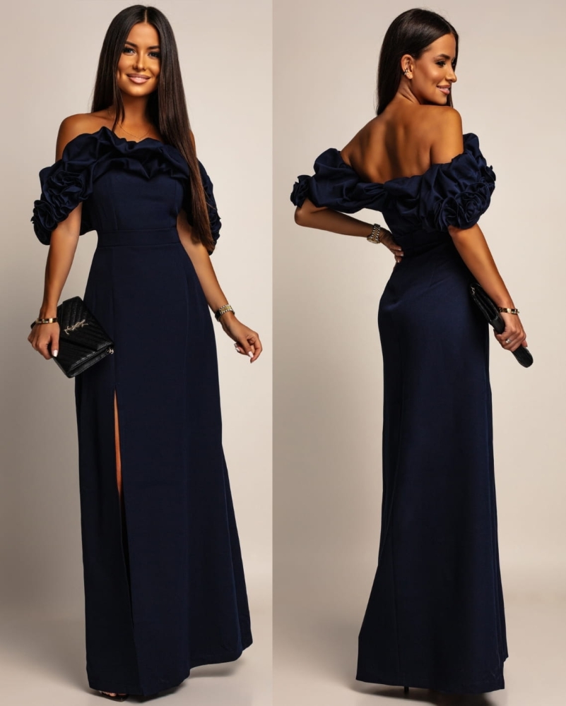 Sukienka hiszpanka MAXI z doczepianymi ramiączkami granat PREMIUM Polska produkcja