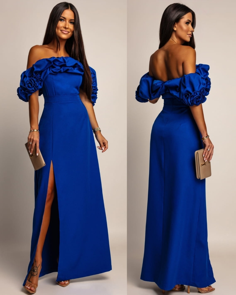 Sukienka hiszpanka MAXI z doczepianymi  ramiączkami chabrowa PREMIUM Polska produkcja