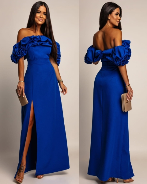 Sukienka hiszpanka MAXI z doczepianmi ramiączkami chabrowa PREMIUM Polska produkcja