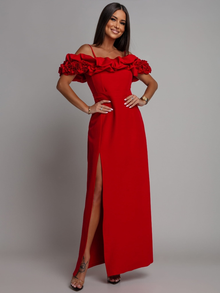 Sukienka hiszpanka MAXI z doczepianmi ramiączkami czerwona PREMIUM Polska produkcja