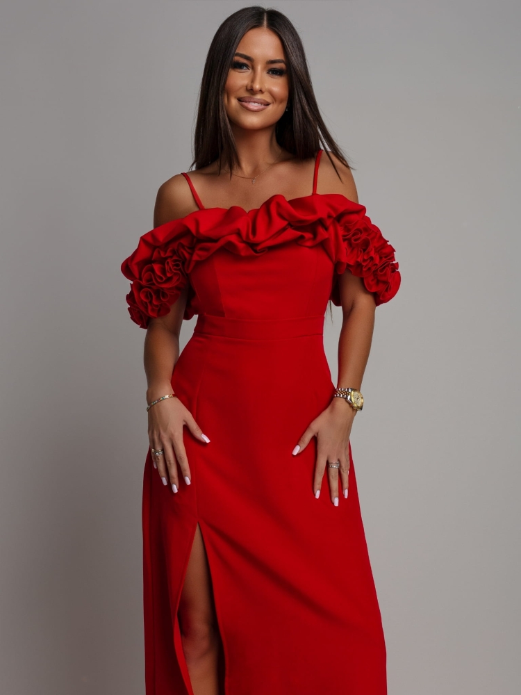 Sukienka hiszpanka MAXI z doczepianmi ramiączkami czerwona PREMIUM Polska produkcja