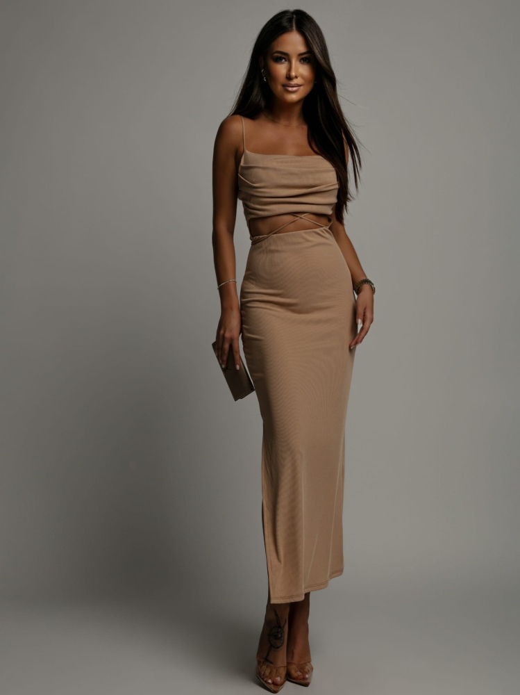 Sukienka wiązana w talii camel midi