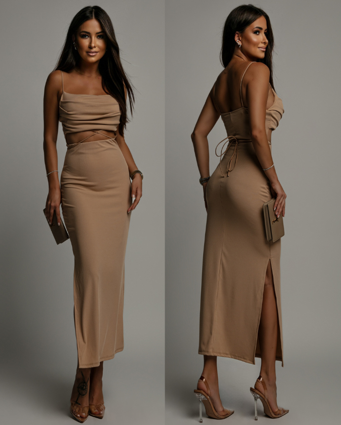 Sukienka wiązana w talii camel midi