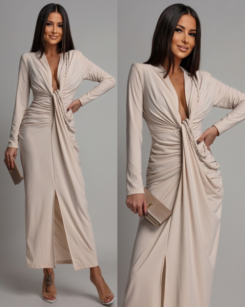 Sukienka midi z ozdobnym marszczeniem i pasem beżowa