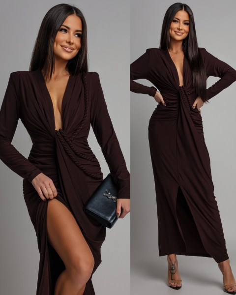 Sukienka midi z ozdobnym marszczeniem i pasem czekoladowa