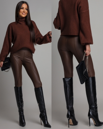 Leginsy eko skóra brązowe