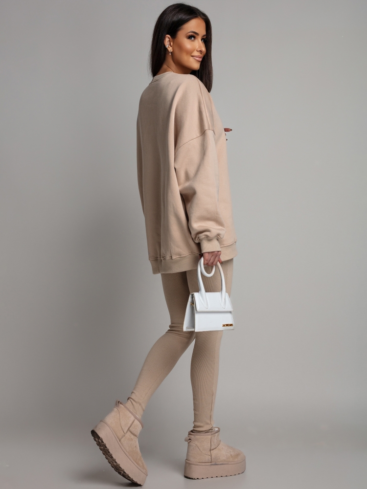 Komplet dresowy bluza V2  oversize oraz leginsy beżowy PREMIUM Polska Produkcja