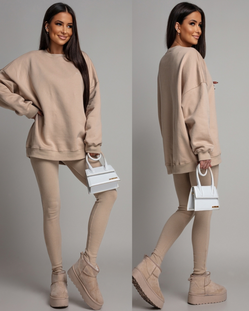 Komplet dresowy bluza V2  oversize oraz leginsy beżowy PREMIUM Polska Produkcja