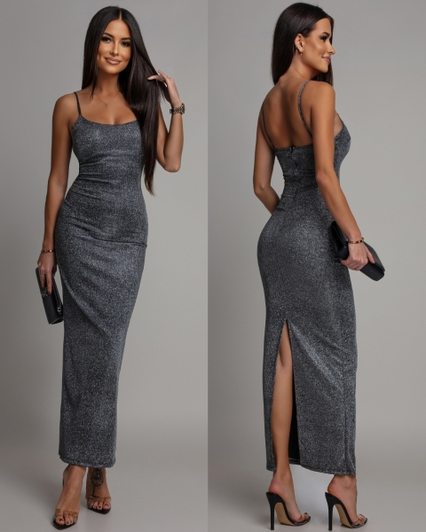 Sukienka midi brokatowa srebrna  na ramiączkach