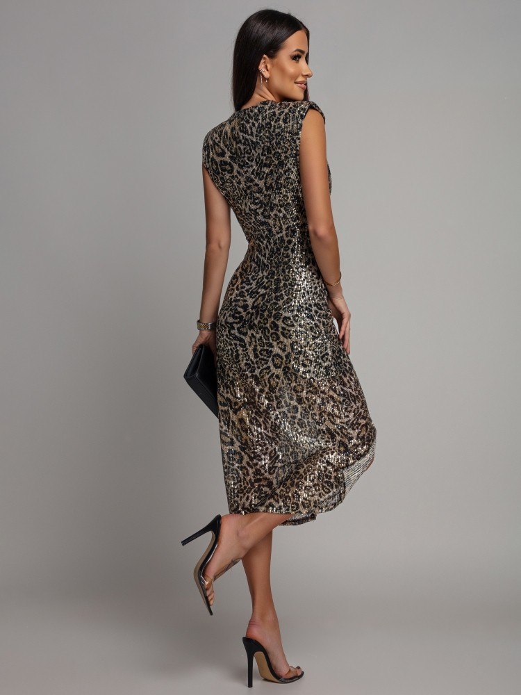 Sukienka midi z cekinami print pantera beżowo-złota na ramiączkach