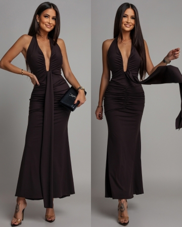 Sukienka maxi z ozdobnym wycięciem czekoladowa