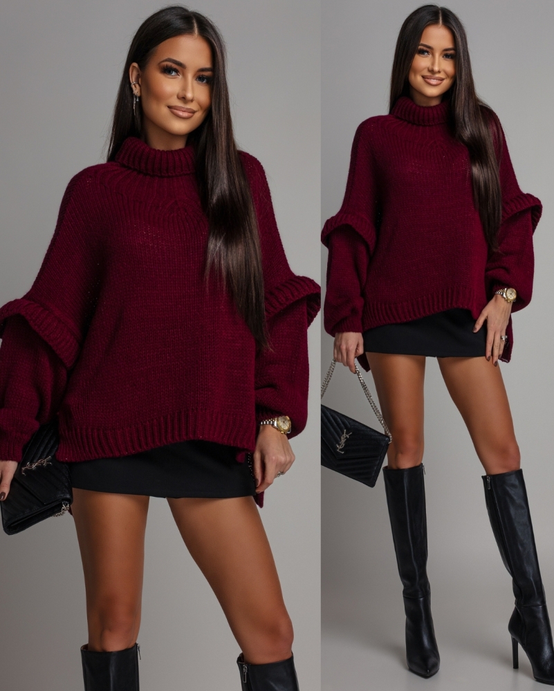 Sweter z ozdobnymi rękawami bordowy