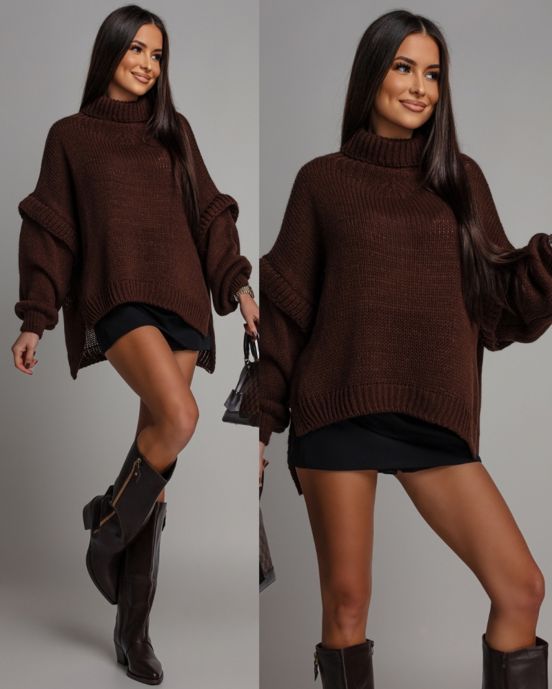 Sweter z ozdobnymi rękawami brązowy