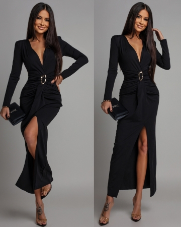 Sukienka maxi z ozdobną klamrą na długi rękaw czarna