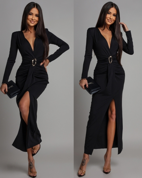 Sukienka maxi z ozdobną klamrą na długi rękaw czarna