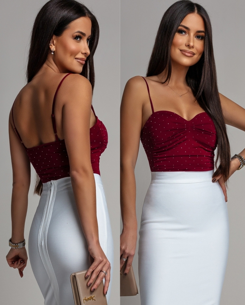 Body eleganckie z perełkami na ramiączkach bordowe