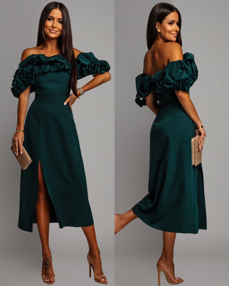 Sukienka hiszpanka midi z doczepianmi ramiączkami butelkowa zieleń PREMIUM Polska produkcja